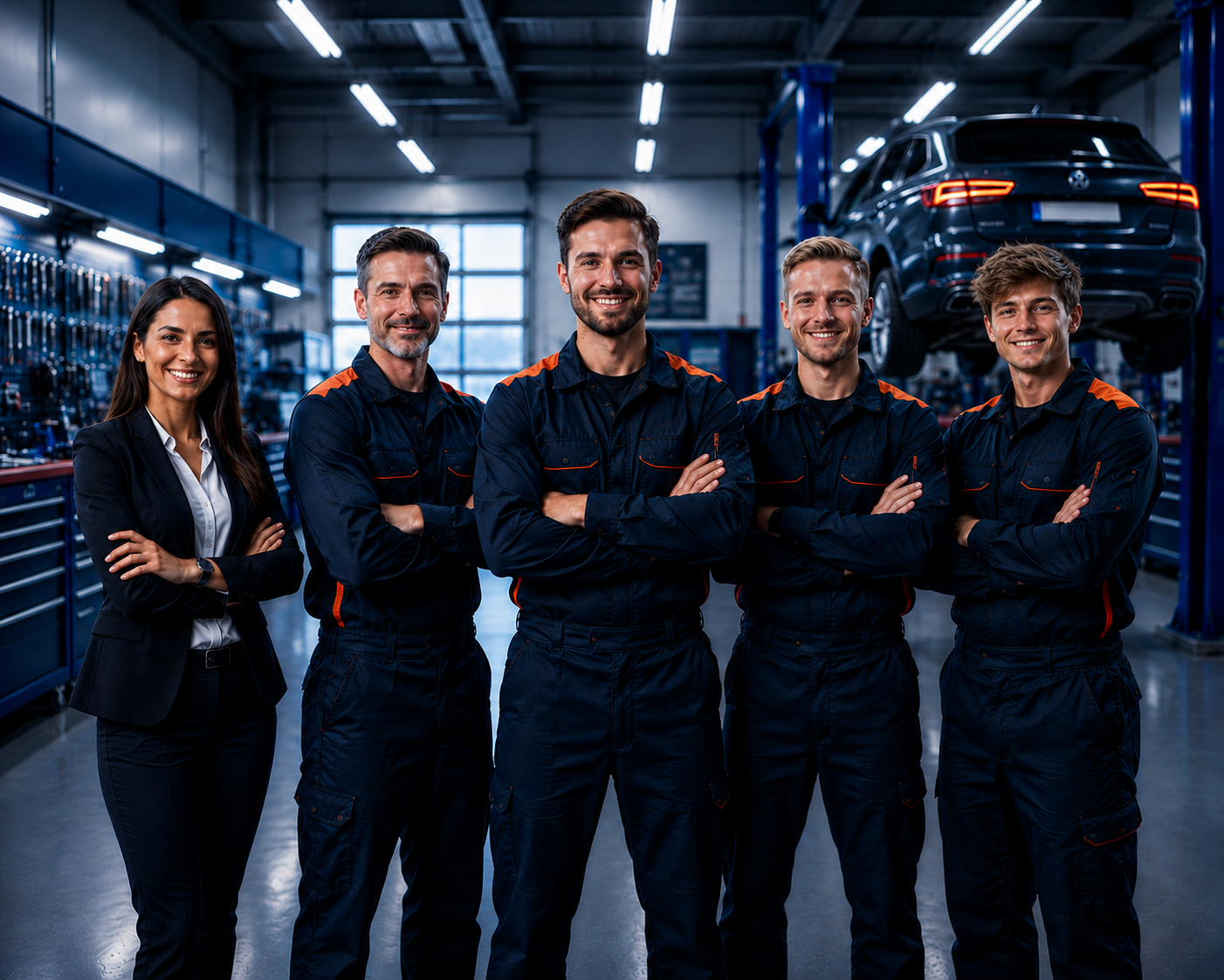 Das WILNEVA Werkstatt-Team steht lächelnd in der Autowerkstatt
