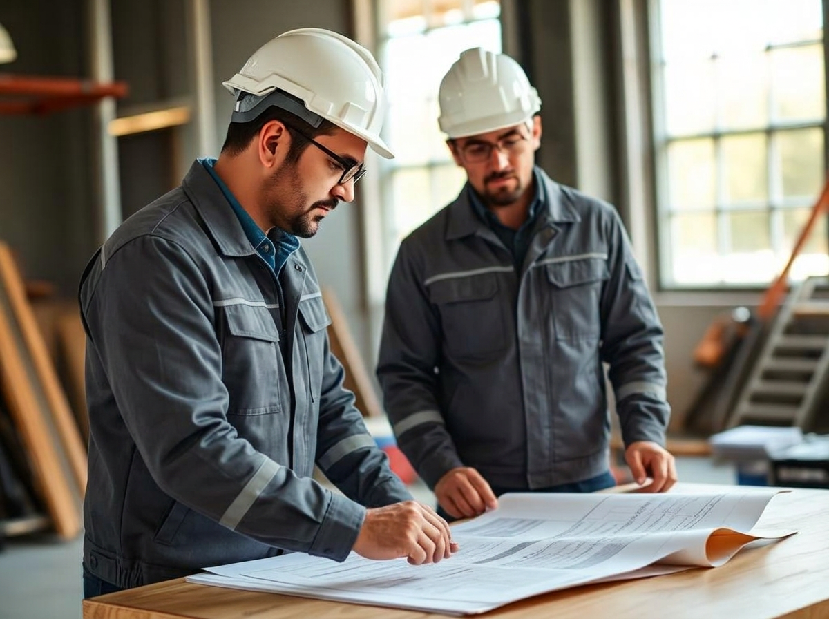 Polier und Bauleiter besprechen Baupläne auf der Baustelle