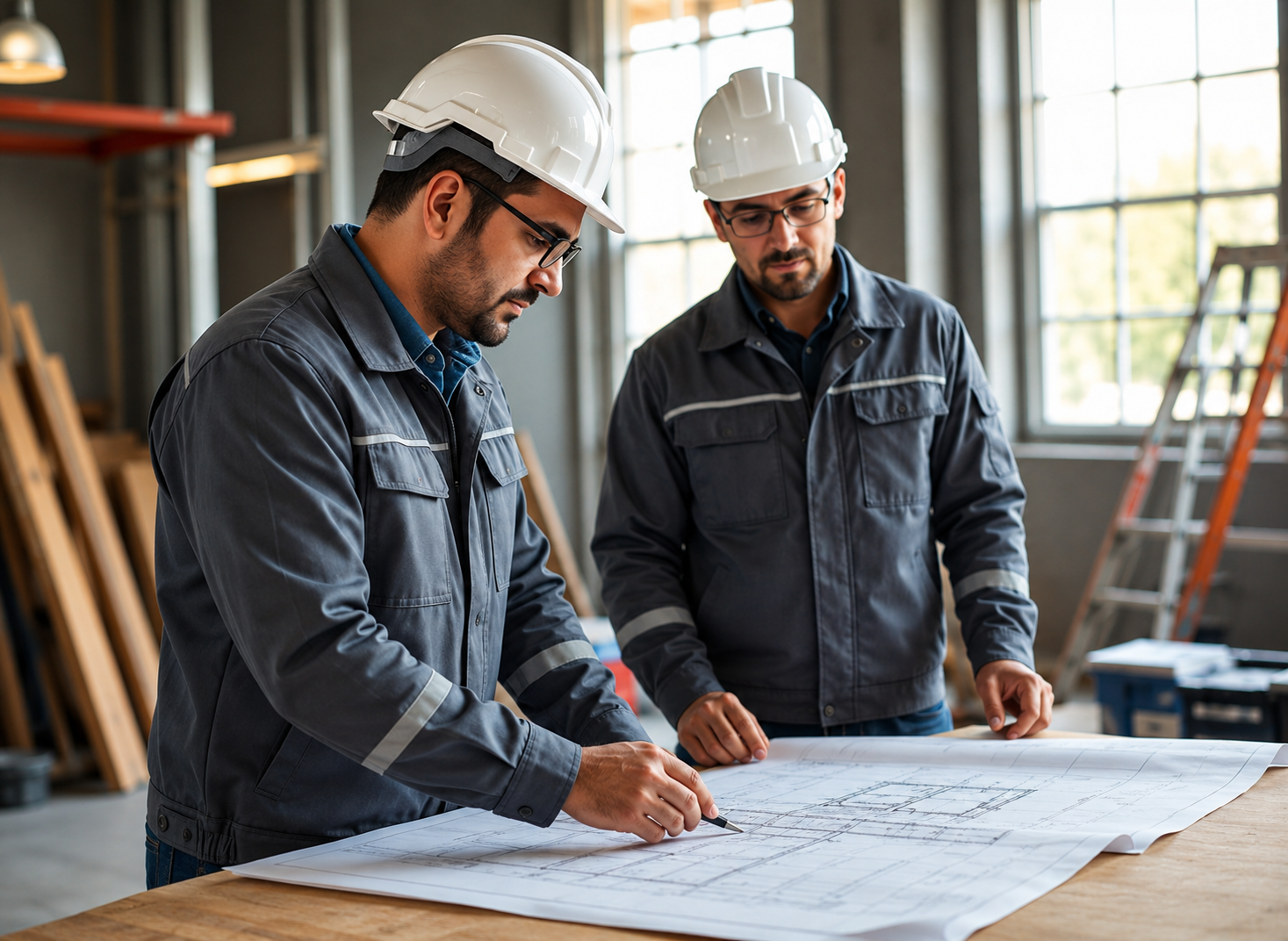 Polier und Bauleiter besprechen Baupläne auf der Baustelle