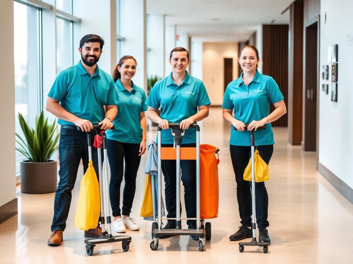 Reinigungsteam mit Servicewagen