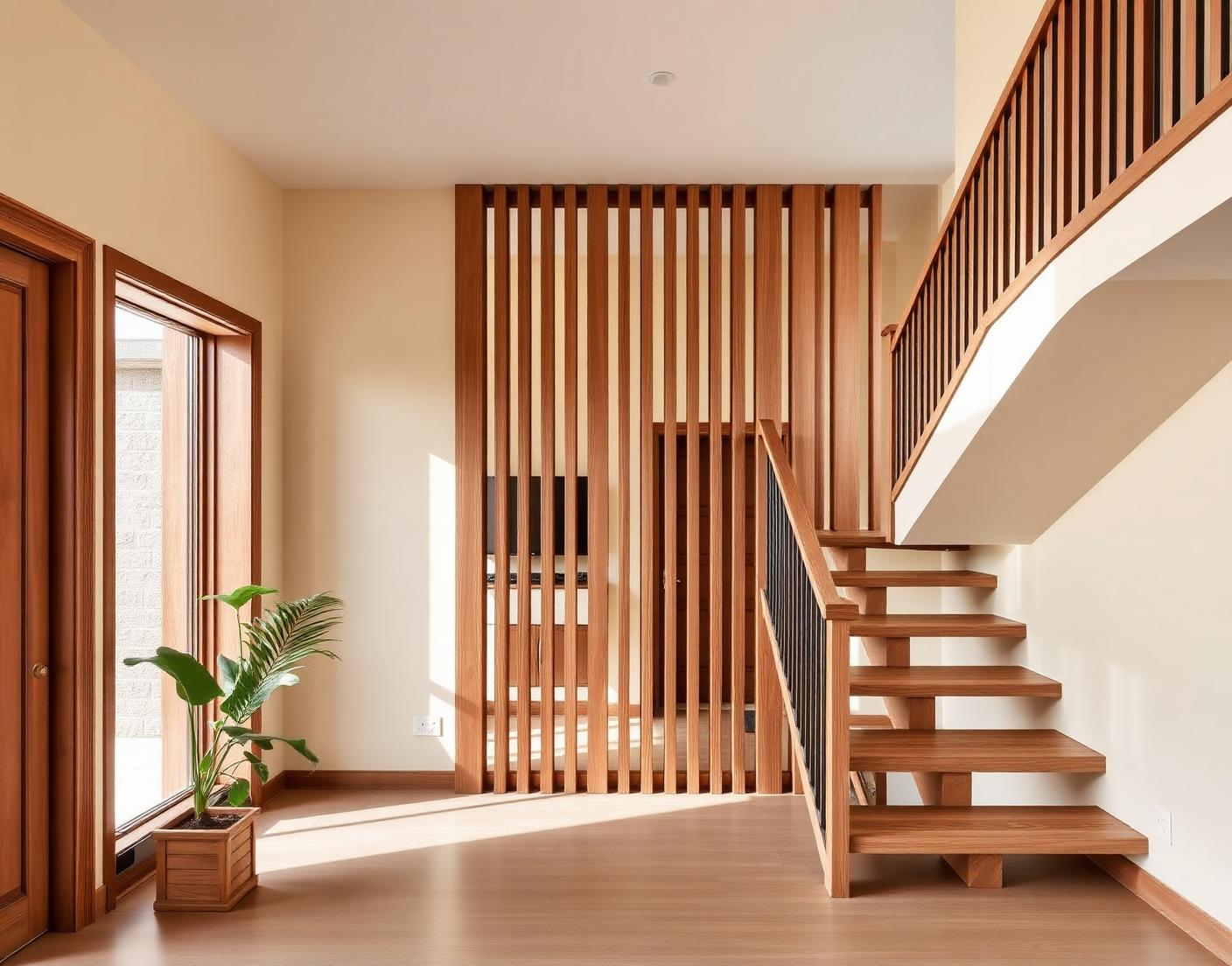 Massgefertigte Holztreppe mit Lamellenwand in einem hellen Wohnhaus