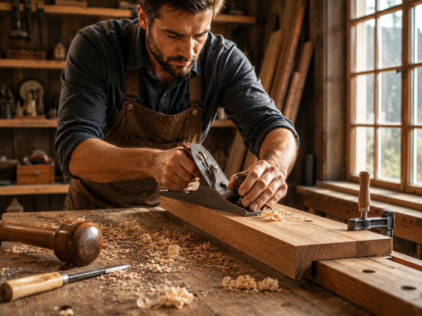 Schreinerhände beim Hobeln eines Holzbretts