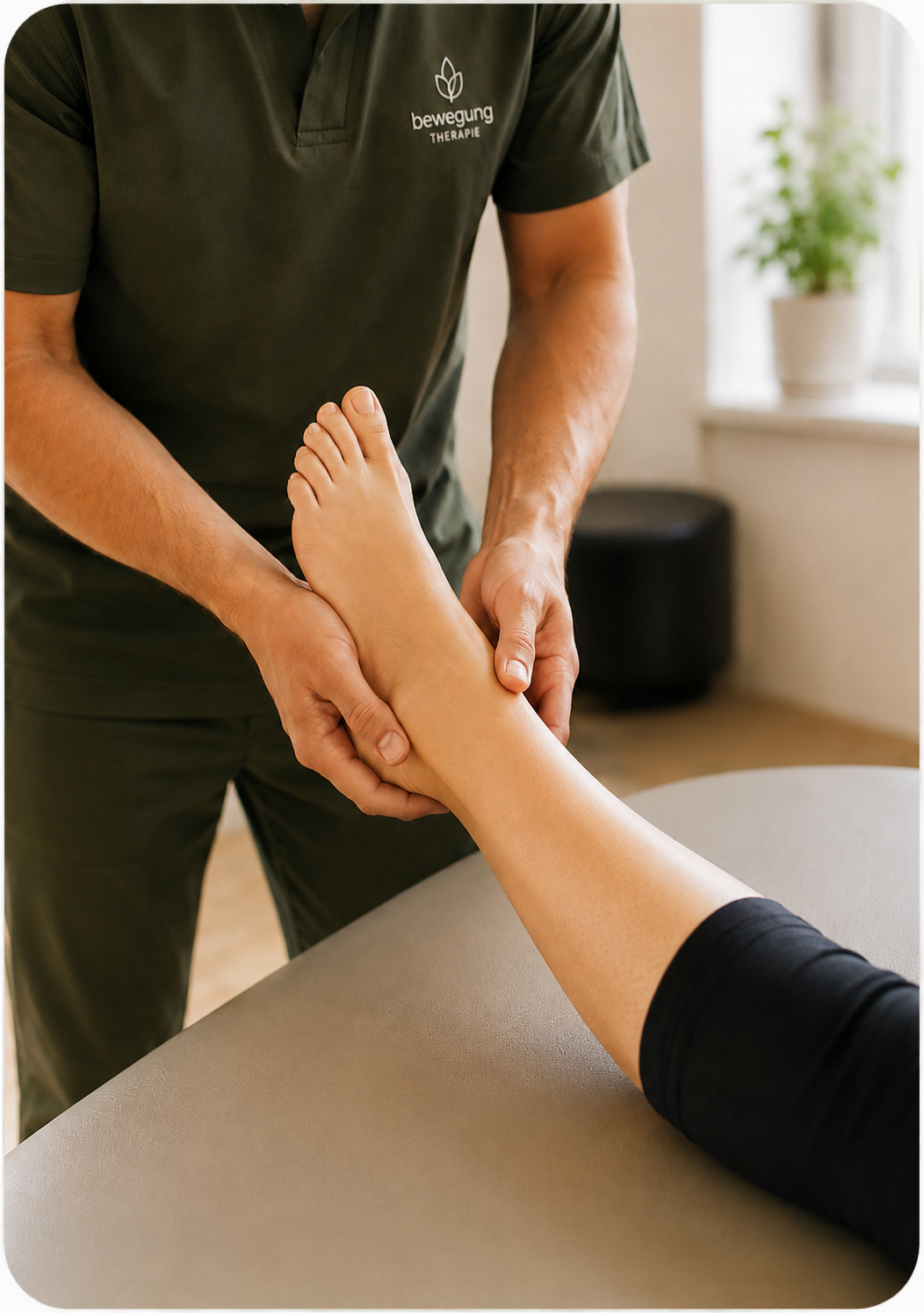Therapeut mobilisiert das Knie einer Patientin auf der Behandlungsliege